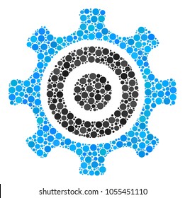Cogwheel mosaic of circle dots in various sizes and color shades. Round dots are organized into cogwheel vector composition. Vector design concept.