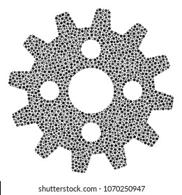 Cogwheel mosaic of dots in different sizes and color hues. Small circles are organized into cogwheel vector collage. Dotted vector illustration.