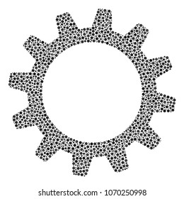 Cogwheel mosaic of dots in different sizes and color hues. Round dots are grouped into cogwheel vector illustration. Dotted vector illustration.