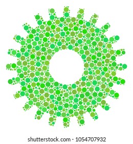 Cogwheel mosaic of filled circles in different sizes and fresh green color tints. Vector round elements are grouped into cogwheel collage. Fresh design concept.