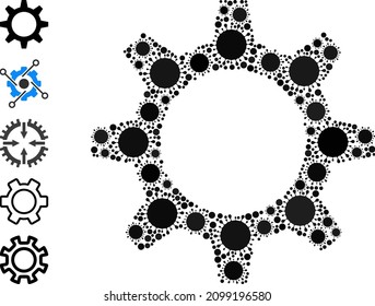 Icono de mosaico CogWheel. El collage de vectores se organiza con íconos virales dispersos. Icono de rueda cognoscitiva de collage viral e iconos adicionales. Mosaico de rueda de coñac para imágenes médicas.