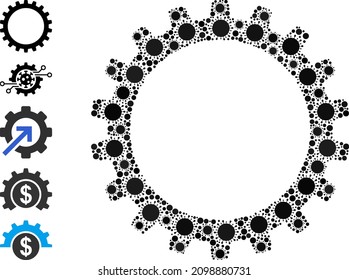 Cogwheel mosaic icon. Vector mosaic is done of random virus parts. Bacterium mosaic cogwheel icon and additional icons. Cogwheel mosaic for epidemic templates.
