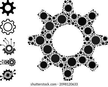 Cogwheel mosaic icon. Vector mosaic is made of random covid icons. Covid-2019 mosaic cogwheel icon, and bonus icons. Cogwheel mosaic for epidemic templates.