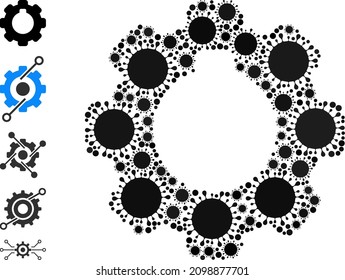 Cogwheel mosaic icon. Vector mosaic organized from randomized Covid-2019 parts. Covid-2019 mosaic cogwheel icon, and similar icons. Cogwheel mosaic for epidemic templates.