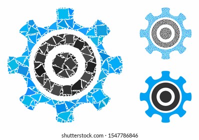 Cogwheel mosaic of irregular pieces in different sizes and color hues, based on cogwheel icon. Vector irregular pieces are combined into mosaic. Cogwheel icons collage with dotted pattern.