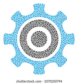 Cogwheel mosaic of small circles in different sizes and color tinges. Small circles are organized into cogwheel vector composition. Dotted vector design concept.