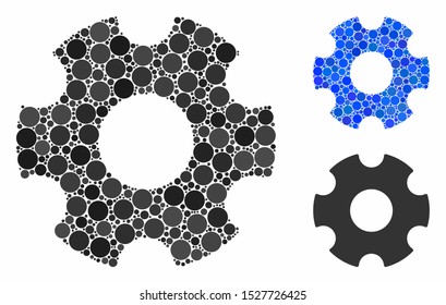 Cogwheel mosaic of spheric dots in various sizes and shades, based on cogwheel icon. Vector round dots are grouped into blue mosaic. Dotted cogwheel icon in usual and blue versions.