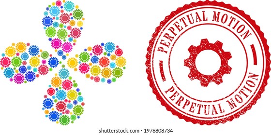 Cogwheel multicolored rotation abstract flower, and red round PERPETUAL MOTION dirty badge. Cogwheel symbol inside round stamp seal. Element flower with 4 petals organized from random cogwheel items.