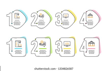 Cogwheel, Music making and Coffee machine icons simple set. Carousels sign. Engineering tool, Dj app, Cappuccino machine. Attraction park. Technology set. Infographic timeline. Line cogwheel icon