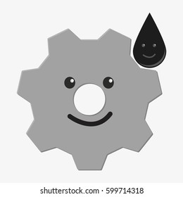 Cogwheel with oil drop doodle characters. Isolated on white background. Flat vector stock illustration