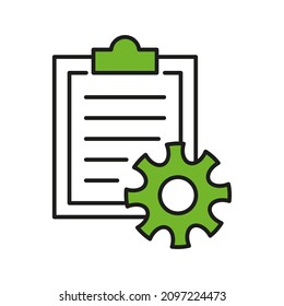 Cogwheel on the background of a tablet with a document. Green and white illustration with black outline. Simple flat three color vector icon for website, app, print, presentation, and more