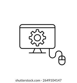 Cogwheel on computer monitor and computer mouse. Interactive settings, user interface customization, on-demand configuration, clickable system controls, real-time preferences adjustment. Pixel perfect