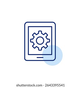 Cogwheel on electronic tablet. Interactive settings, user interface customization, on-demand configuration, clickable system controls, real-time preferences adjustment. Pixel perfect, editable stroke 