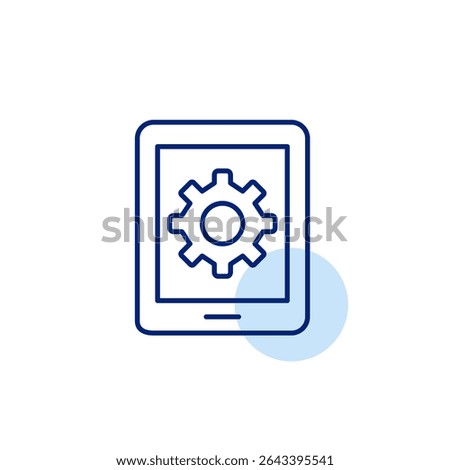 Cogwheel on electronic tablet. Interactive settings, user interface customization, on-demand configuration, clickable system controls, real-time preferences adjustment. Pixel perfect, editable stroke 