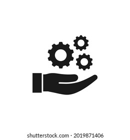 Cogwheel on hand. Settings icon flat style isolated on white background. Vector illustration