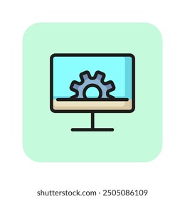 Rueda dentada en el icono de línea de pantalla. Computadora, monitor, programa. Concepto de software. La Ilustración vectorial se puede utilizar para temas como tecnología, base de datos, diagnósticos