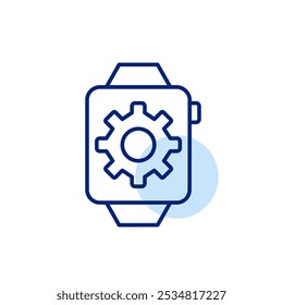 Cogwheel na tela de relógio inteligente. Sistema operacional, configurações e experiência personalizada. Ícone de vetor perfeito de pixel