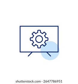 Cogwheel on TV set. Tv settings, device configuration, channel management, smart tv controls, display optimization. Pixel perfect, editable stroke vector icon