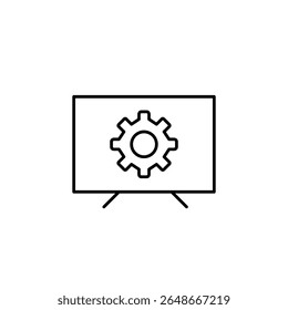 Cogwheel on TV set. Tv settings, device configuration, channel management, smart tv controls, display optimization. Pixel perfect, editable stroke vector icon