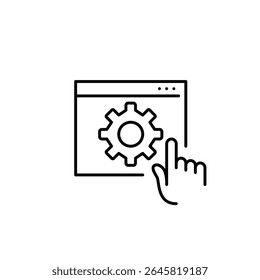 Cogwheel on web page and finger click. Interactive settings, user interface customization, on-demand configuration, clickable system controls, real-time preferences adjustment. Pixel perfect, editable