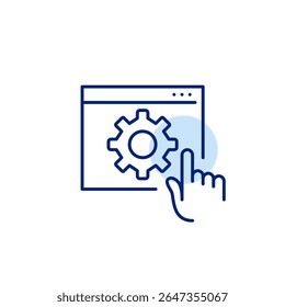 Cogwheel on web page and finger click. Interactive settings, user interface customization, on-demand configuration, clickable system controls, real-time preferences adjustment. Pixel perfect, editable