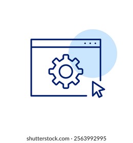 Cogwheel on web page with mouse click. Web customization, system management and platform configuration. Pixel perfect, editable stroke icon