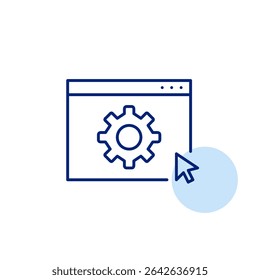 Cogwheel on web page and mouse click. Configuration options, system preferences, user customization, admin tools, backend controls. Pixel perfect, editable stroke vector icon