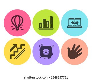 Cogwheel, Online delivery and Graph chart icons simple set. Air balloon, Stairs and Hand signs. Engineering, Parcel tracking website. Flat cogwheel icon. Circle button. Vector