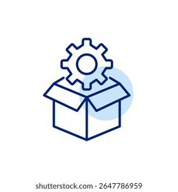 Cogwheel and open parcel box. Shipping settings, logistics management, delivery configuration, package tracking system, order fulfillment control. Pixel perfect, editable stroke vector icon
