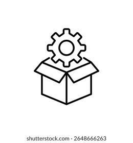 Cogwheel and open parcel box. Shipping settings, logistics management, delivery configuration, package tracking system, order fulfillment control. Pixel perfect, editable stroke vector icon