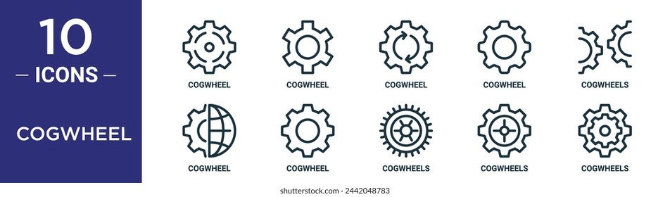 cogwheel outline icon set includes thin line cogwheel, cogwheel, cogwheels, icons for report, presentation, diagram, web design