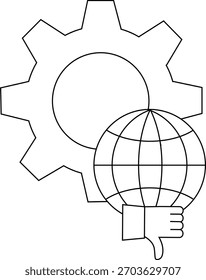 Una rueda dentada se superpone a un globo sobre un icono de pulgar hacia abajo todo delineado en negro