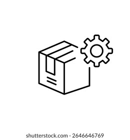 Cogwheel and parcel box. Shipping settings, logistics management, delivery configuration, package tracking system, order fulfillment control. Pixel perfect, editable stroke vector icon