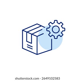 Cogwheel and parcel box. Shipping settings, logistics management, delivery configuration, package tracking system, order fulfillment control. Pixel perfect, editable stroke vector icon