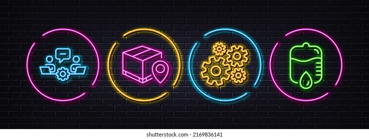 Cogwheel, Parcel tracking and Teamwork minimal line icons. Neon laser 3d lights. Drop counter icons. For web, application, printing. Engineering tool, Package location pin, Remote work. Vector