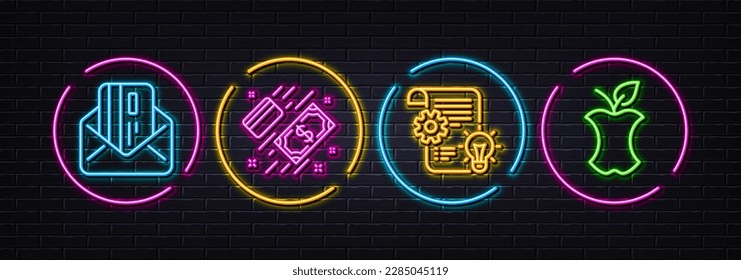 Cogwheel, Payment and Credit card minimal line icons. Neon laser 3d lights. Organic waste icons. For web, application, printing. Idea bulb, Money, Mail. Leftover food. Neon lights buttons. Vector