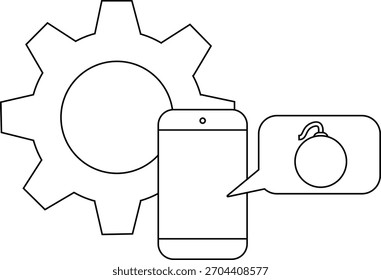 Un teléfono de rueda dentada y una burbuja de discurso w un dibujo de bomba componen esta Imagen de arte de línea en blanco y negro