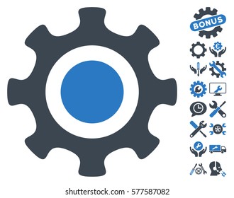 Cogwheel pictograph with bonus options icon set. Vector illustration style is flat iconic smooth blue symbols on white background.