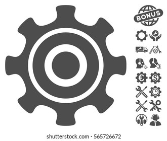 Cogwheel pictograph with bonus options images. Vector illustration style is flat iconic gray symbols on white background.