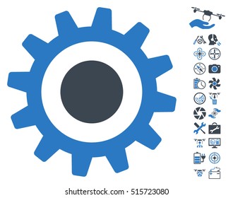 Cogwheel pictograph with bonus quad copter service graphic icons. Vector illustration style is flat iconic symbols on white background.