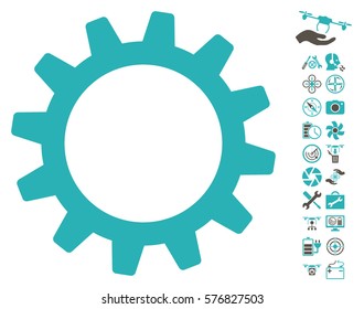 Cogwheel pictograph with bonus quadrocopter service pictograph collection. Vector illustration style is flat iconic grey and cyan symbols on white background.