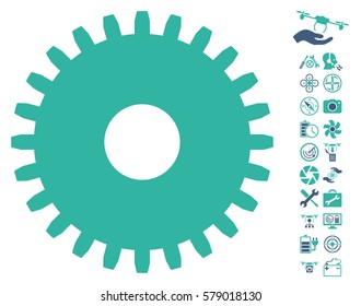 Cogwheel pictograph with bonus quadrocopter tools design elements. Vector illustration style is flat iconic cobalt and cyan symbols on white background.