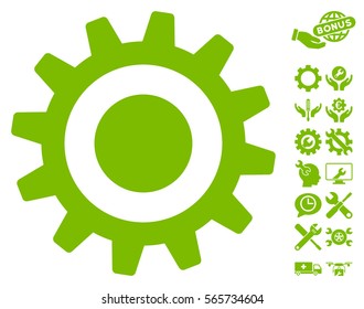 Cogwheel pictograph with bonus settings clip art. Vector illustration style is flat iconic eco green symbols on white background.