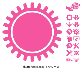Cogwheel pictograph with bonus settings clip art. Vector illustration style is flat iconic pink symbols on white background.