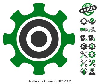 Cogwheel pictograph with bonus settings graphic icons. Vector illustration style is flat iconic green and gray symbols on white background.