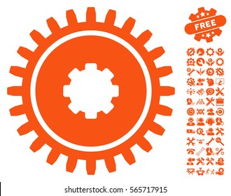 Cogwheel pictograph with bonus setup tools symbols. Vector illustration style is flat iconic orange symbols on white background.