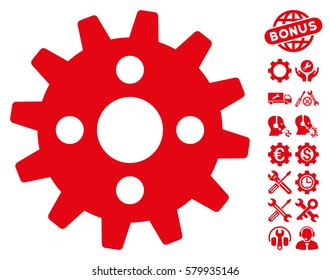 Cogwheel pictograph with bonus setup tools pictograph collection. Vector illustration style is flat iconic red symbols on white background.