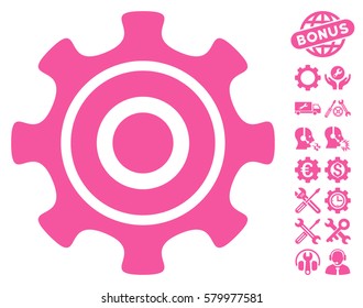 Cogwheel pictograph with bonus setup tools graphic icons. Vector illustration style is flat iconic pink symbols on white background.