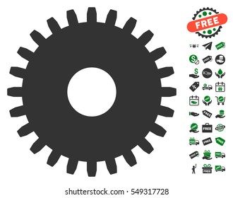 Cogwheel pictograph with free bonus design elements. Vector illustration style is flat iconic symbols, green and gray colors, white background.