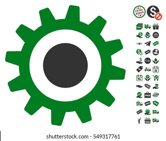 Cogwheel pictograph with free bonus design elements. Vector illustration style is flat iconic symbols, green and gray colors, white background.